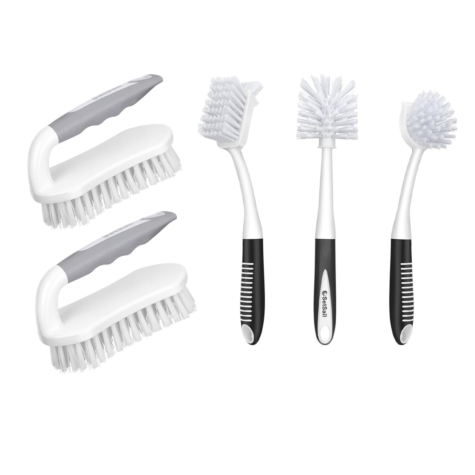 SetSail2 Pack Heavy-Duty Scrub Brush with Stiff Bristles Cleaning Brush + 3 Pack Dish Scrub Brush with Long Handle Deep Cleaning Handle Brush with Scraper Tip for Cleaning Kitchen Sink Dishes Bottle