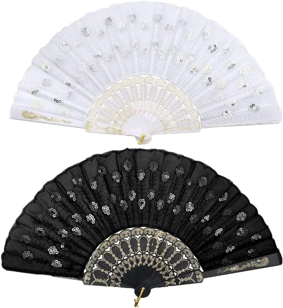 2 Pieces Peacock Pattern Sequin Fabric Hand Fan Black and White Lace