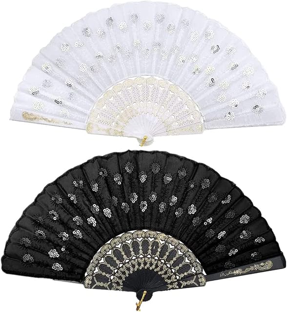 2 Pieces Peacock Pattern Sequin Fabric Hand Fan Black and White Lace Folding Fan Design Folding Hand Fans for Wall Decoration Gifts Weddings The Dance Floor