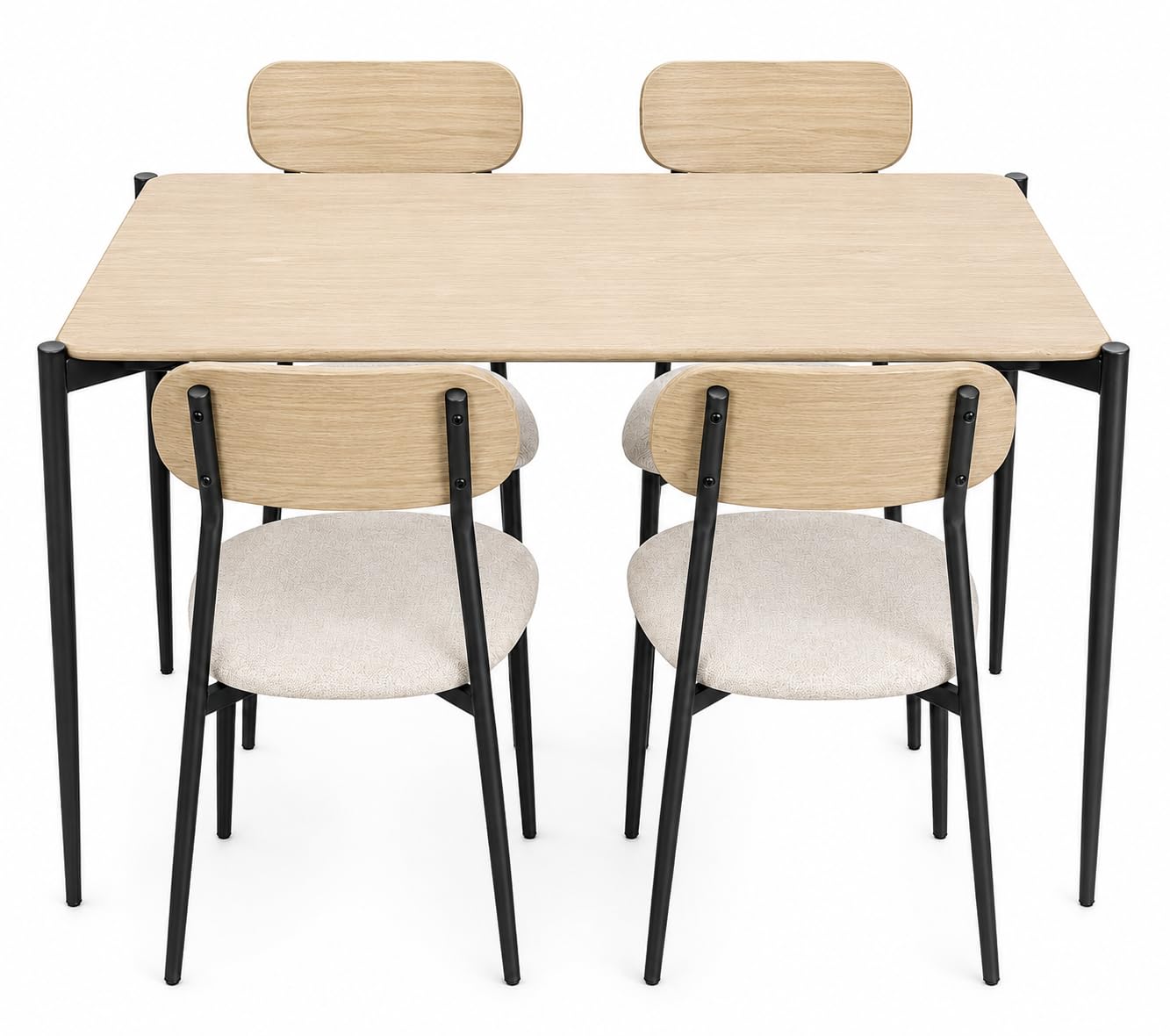 Set Tavolo e 4 Sedie moderno per Cucina e Sala da Pranzo, Tavolo Rettangolare 110x70 cm con Struttura in Metallo Nero, Piano MDF Effetto Legno, Sedie Imbottite in Tessuto, Set 5 Pezzi 4 Posti (Rovere)