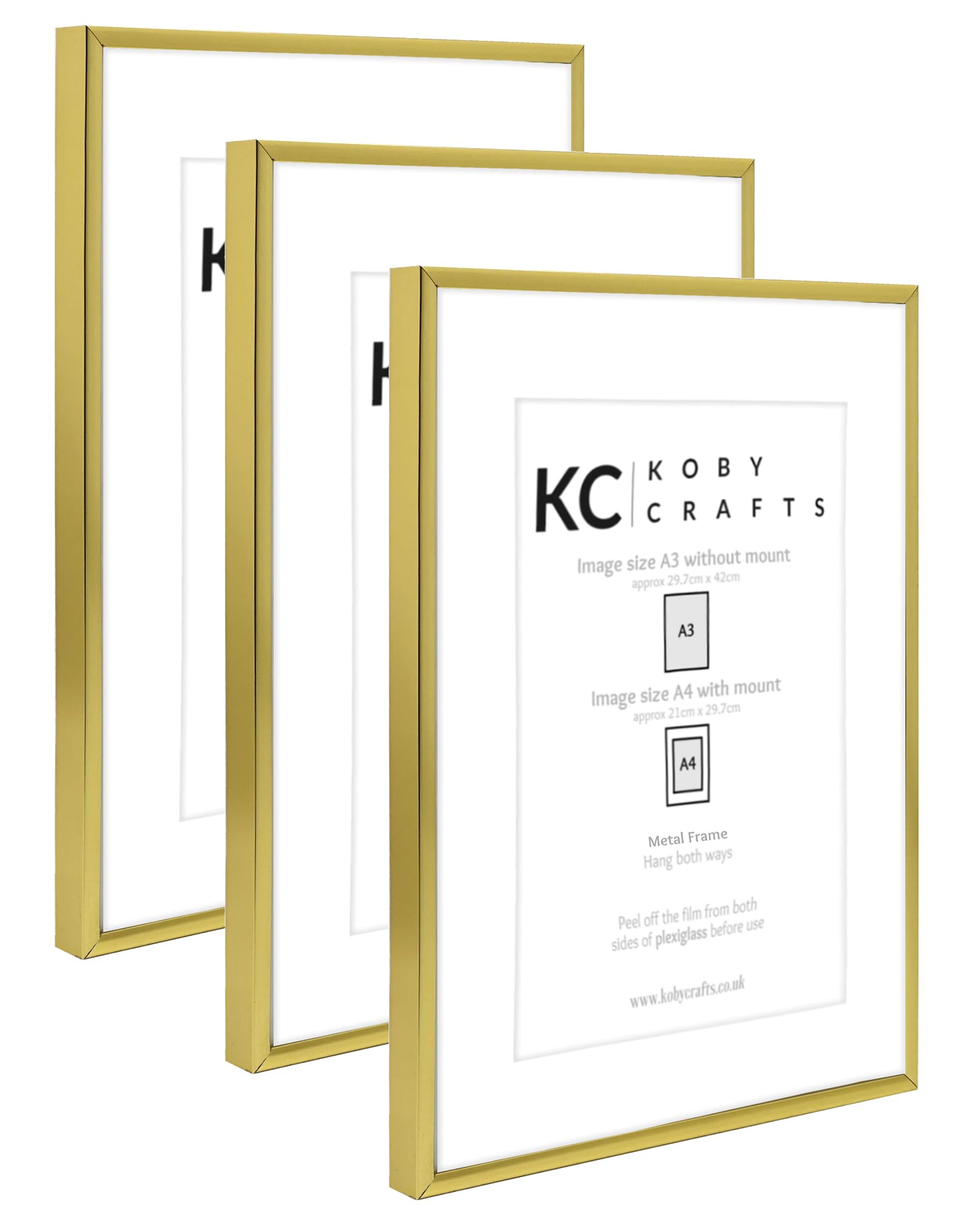Koby Crafts Pack of 3 Gold Picture Frames for A4 or A3 Images, Gold Metal, 3 Pack - A3
