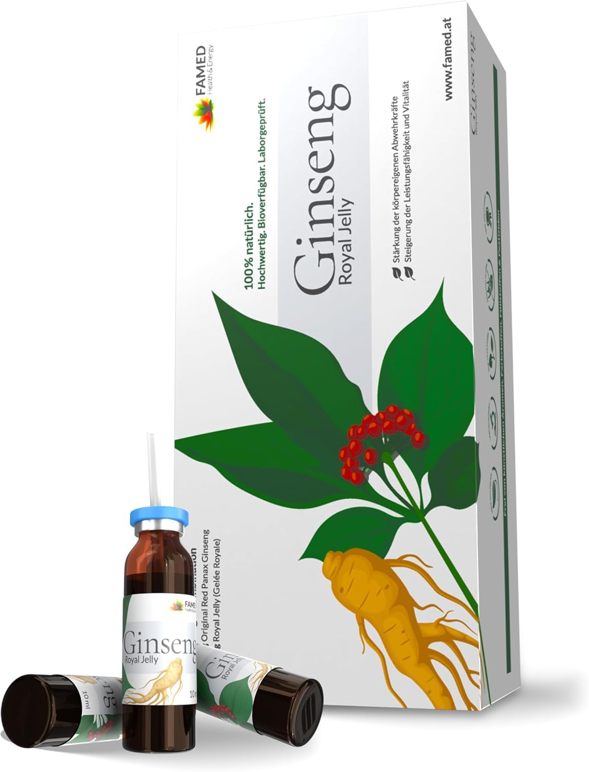 Ginseng Royal Jelly by FAMED – 30 Trinkampullen – reduziert Müdigkeit & stärkt das Immunsystem – 100% natürliche Inhaltsstoffe, hochdosiert & laborgeprüft