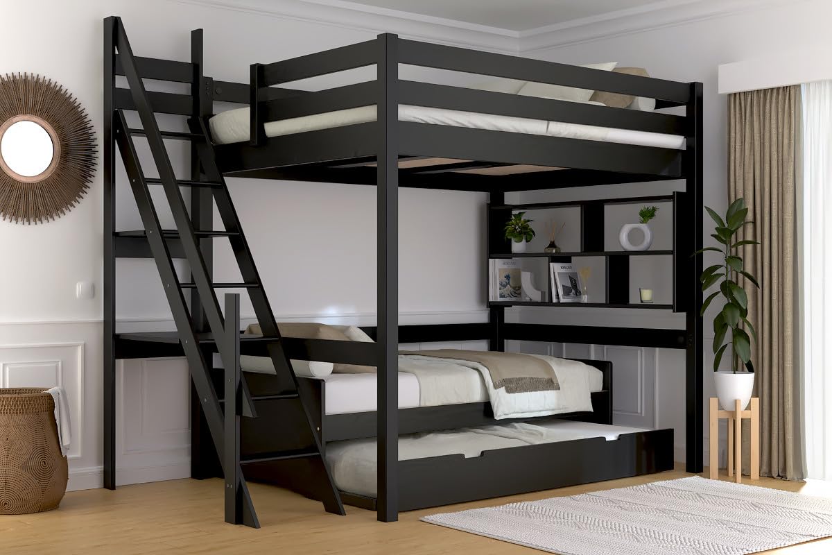 Lit mezzanine 140 x 200 cm avec armoire et escalier - bois massif et