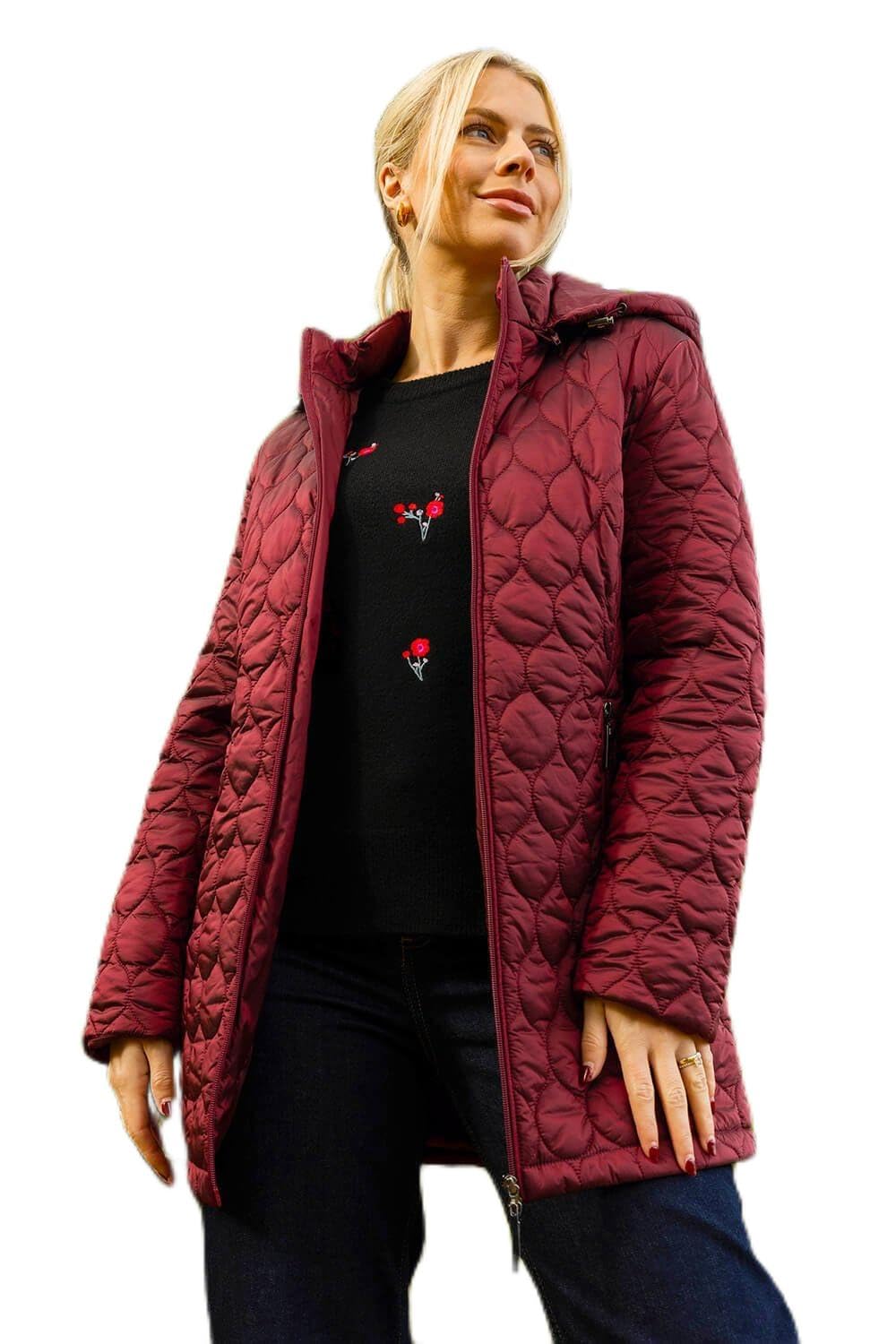 Roman Women Padded Longline Coat with Hood - Ladies Zip Through Autumn Winter Long Length Lightweight Quilted Warm Cosy Everyday Zip Up Casual Jackets Coats - Crimson - Size 16