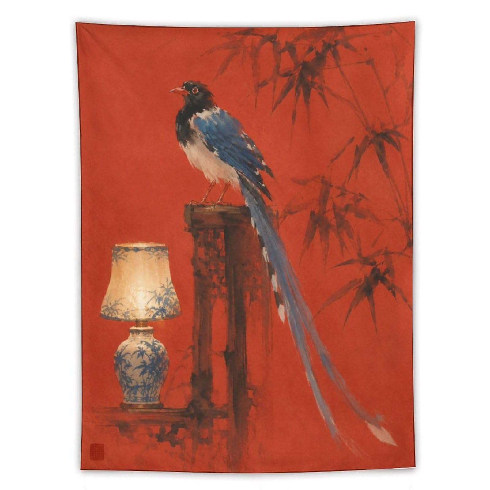 H3B8U2Y5 Blue Macaw on Lamp Wall Tapestry, Realistic Illustration, Bedroom