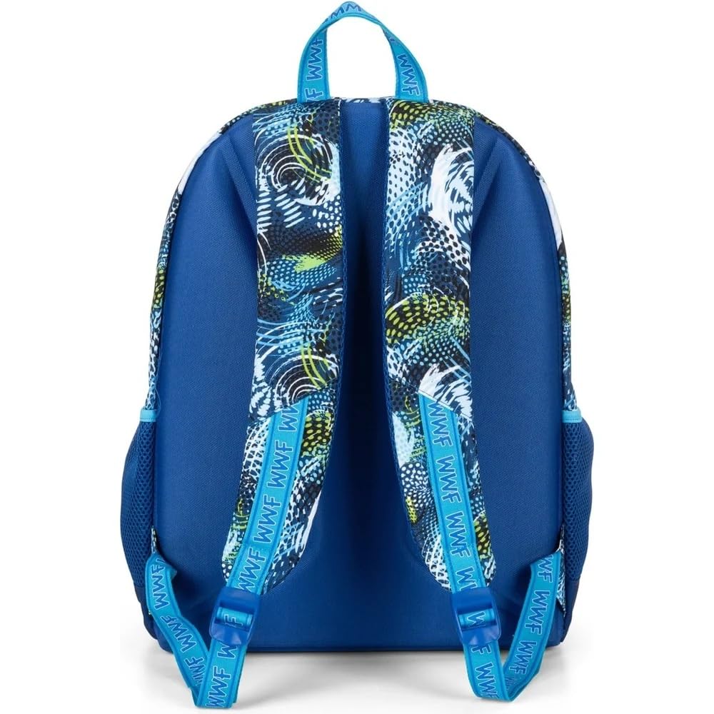 PRESTIGE & DELUXE Mochila escolar WWF versión Shark tiburón azul redondo 3 compartimentos cremallera para niños primaria secundaria + Estuche de 3 pisos completo de papelería + kit bolígrafos y