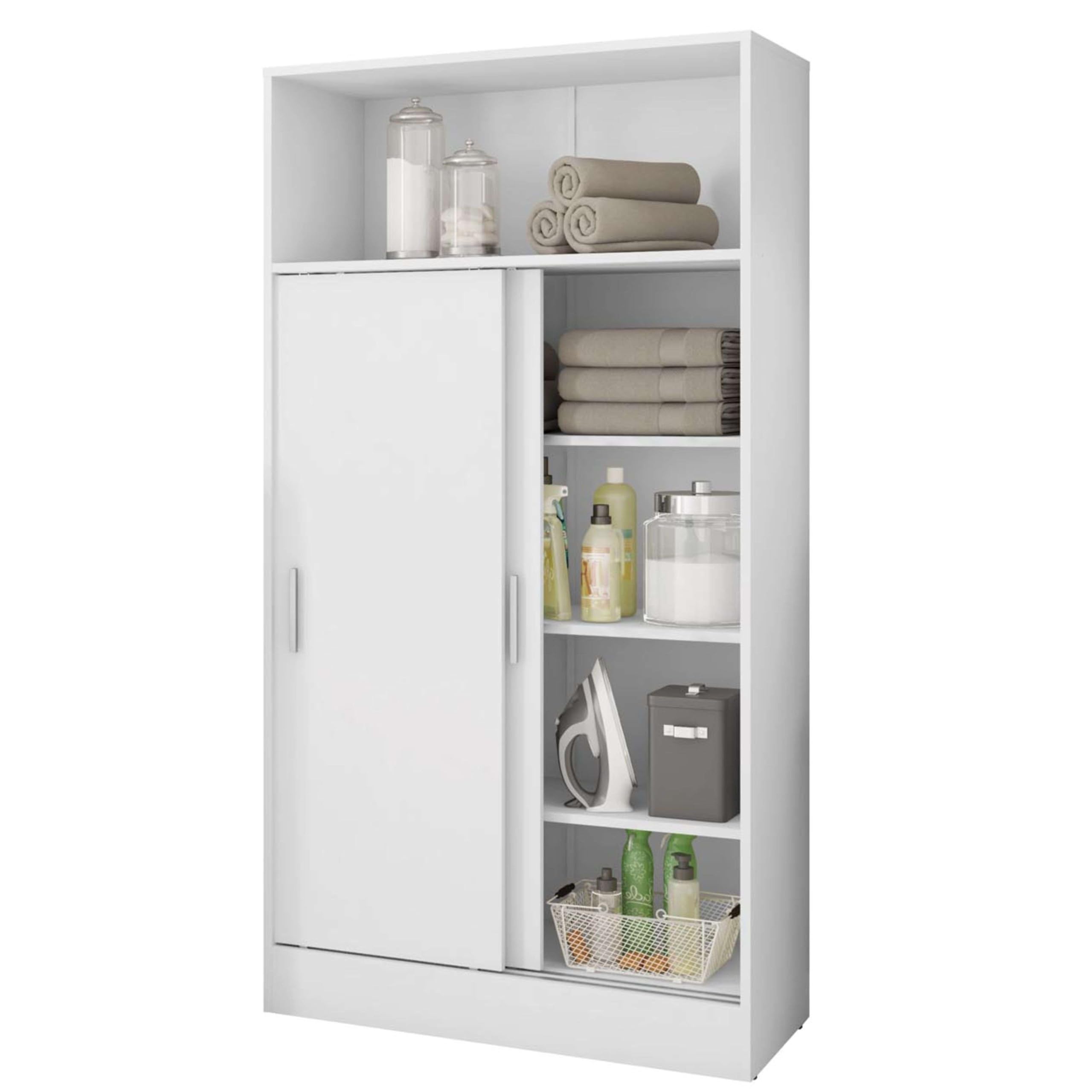 Miroytengo Armario Auxiliar para Baño Multiusos con 2 Puertas Correderas en Melamina Color Blanco 81x157 cm