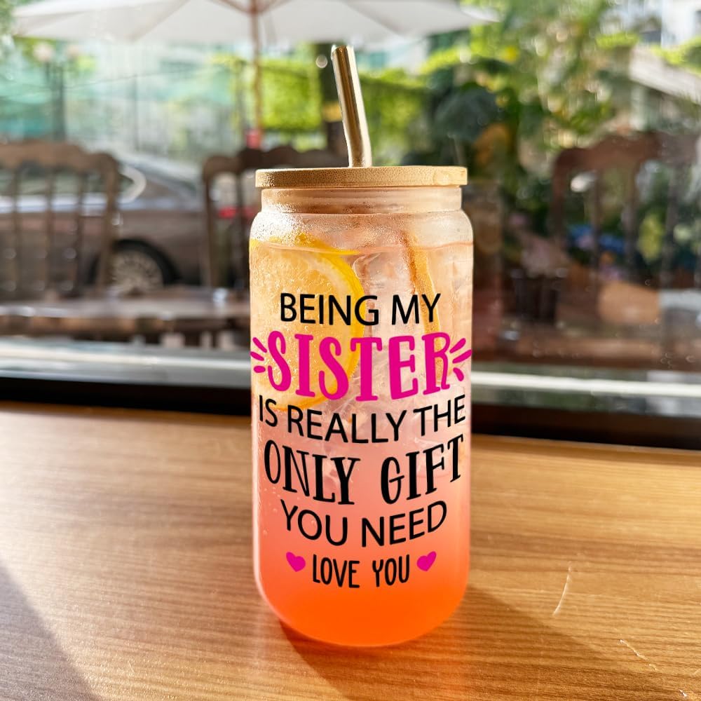 Cute Sister Birthday Gifts for Women,Sister's birthday Gifts from Sis,Being My Sister is Really The Only Gift You Need Glass Coffee Cups with Lids and Straws,Sis Gifts for Christmas,Thanksgiving -132 - Image 4