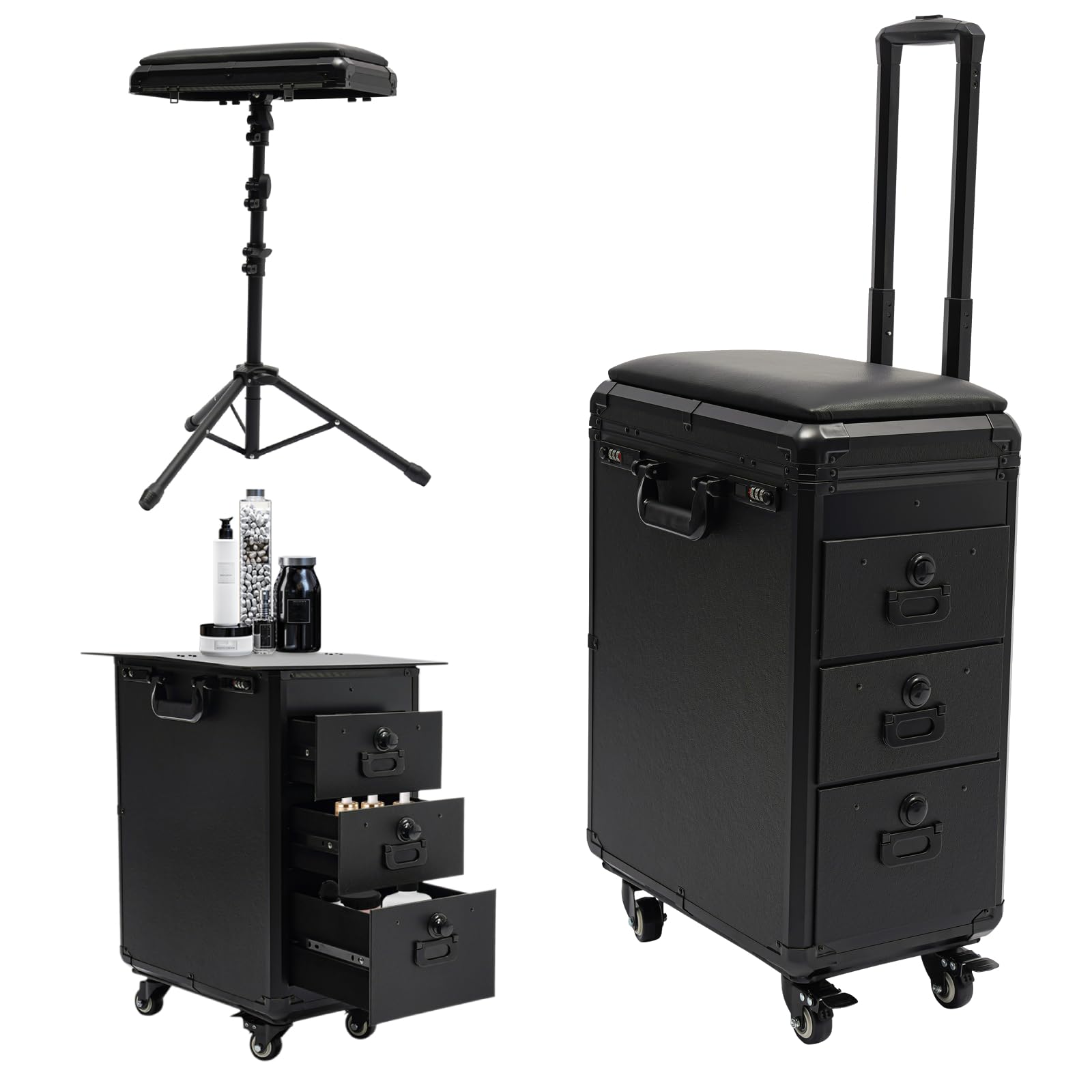 Valigetta cosmetica trolley con supporto braccioli, valigetta trucchi 3 cassetti serratura combinazione, banco lavoro, tatuaggio tavolo bellezza stand estetista