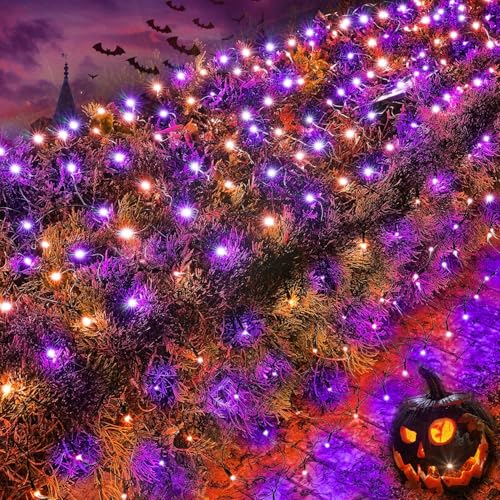 TW SHINE Halloween 200 LED Net Lights, 9.8 FT x 6.6 FT Connectable Waterproof Decorations Clear Wire with 8 Modes for Outdoor Garden Holiday Party (Purple & Orange)