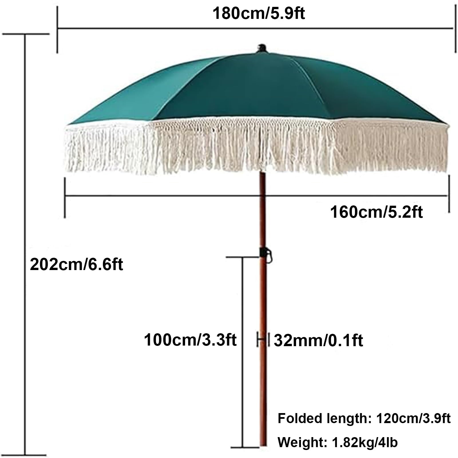 Parasole da Esterno con Nappa 180 cm, Ombrellone da Spiaggia Rotondo Portatile, Palo in Alluminio Effetto Legno, Protezione UV, Senza Base