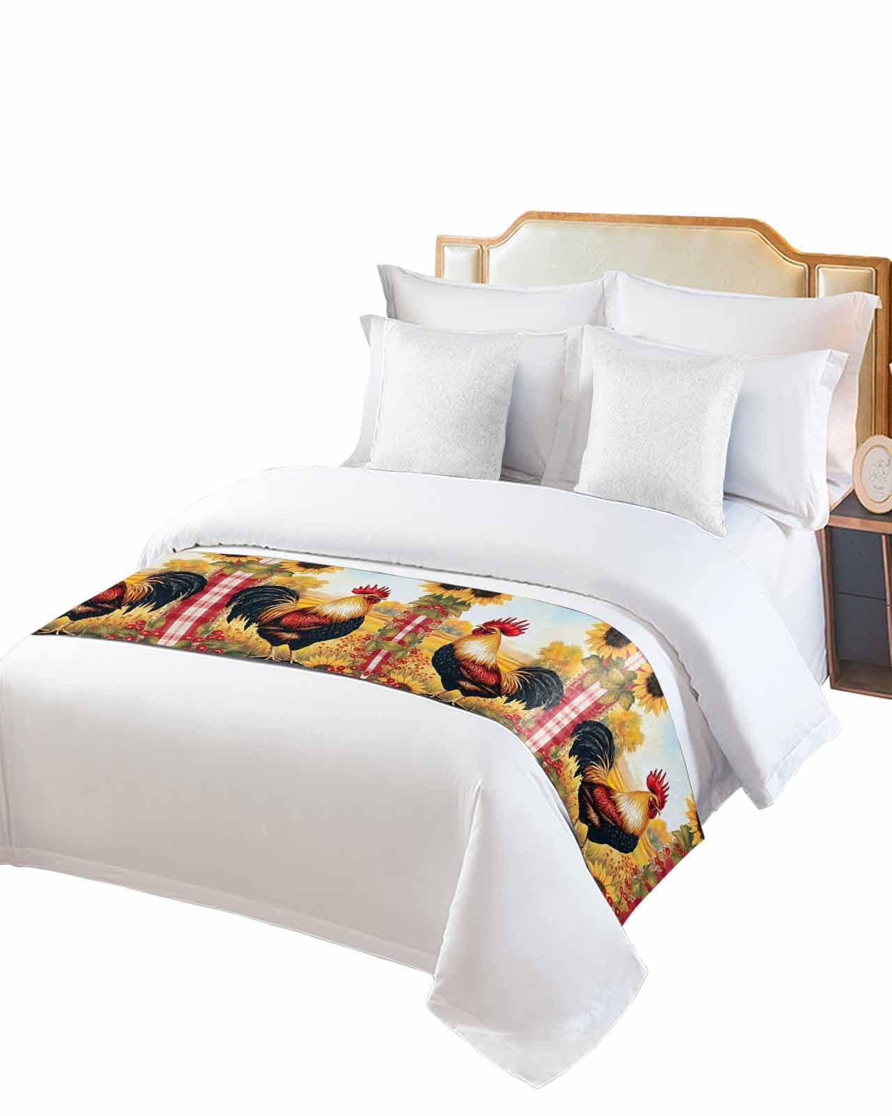 Retro Rooster Bed Runner for Full/Queen Size, Yellow Sunflower Red Plaid Farmhouse Bedspread Protector Slipcover Bed Scarf for Foot Runners & Scarves for Bedroom Hotel Wedding Room 83x20 Inches