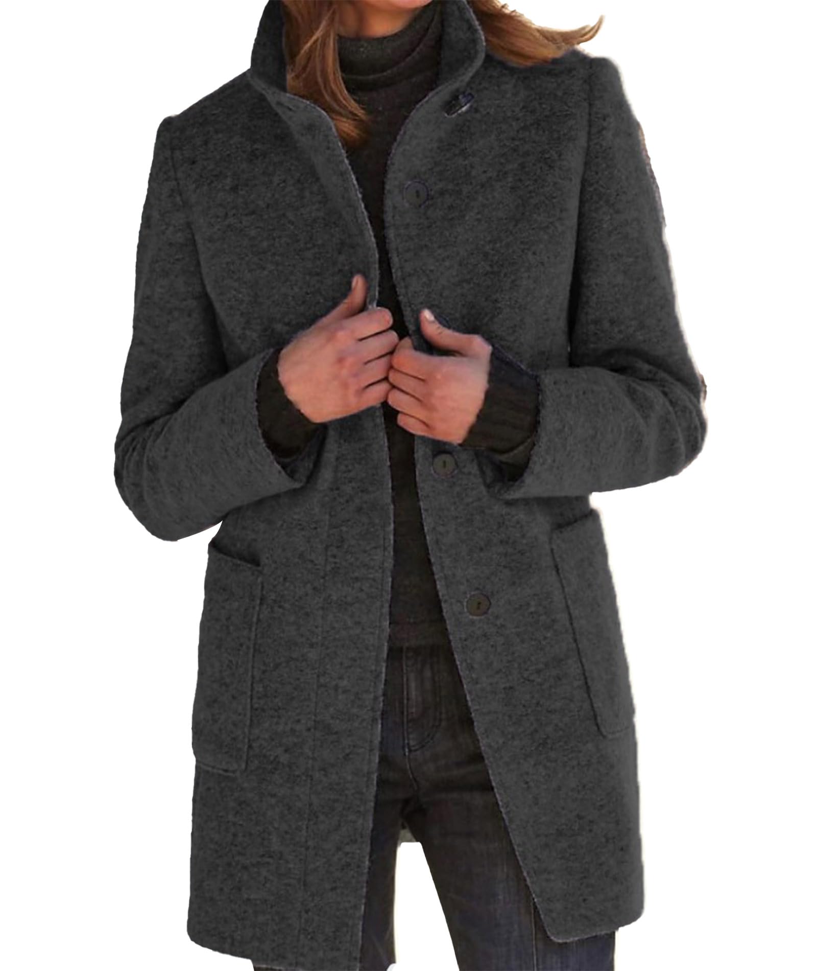 xxxiticat Cappotto da donna in misto lana monopetto caldo colletto alto lungo giacche blazer trench con tasche S-3XL