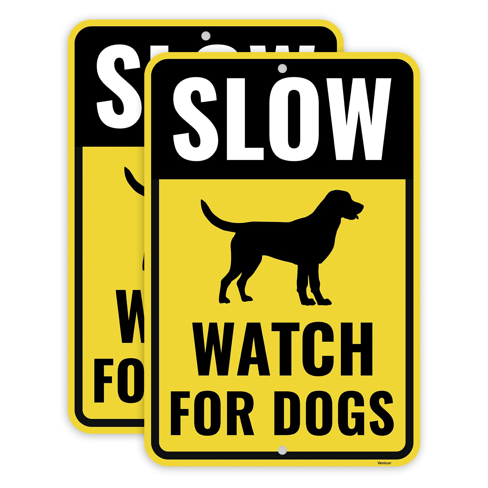 2PC Slow Watch for Dogs Sign, 18 x 12 Inches - Aluminum - Caution Slow Down Dog Crossing Pets At Play Sign