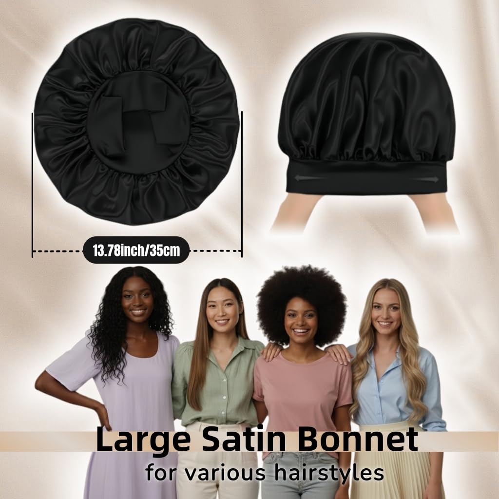 Black Silk Lined Bonnet for Sleeping Women Double Layer Silk Hair Bonnets for Sleeping Men Curly Hair Large Satin Sleep Bonnet Night Cap - Image 2