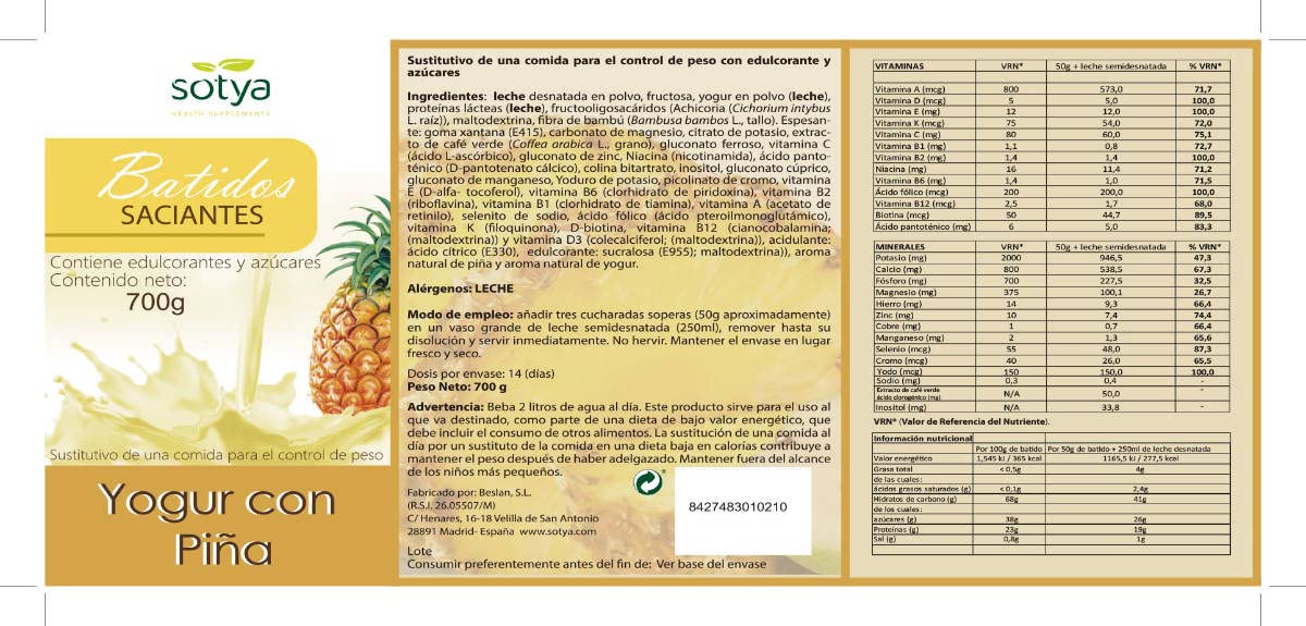 Sotya Batido Saciante Yogur Piña 700 g (2 x 700 g)