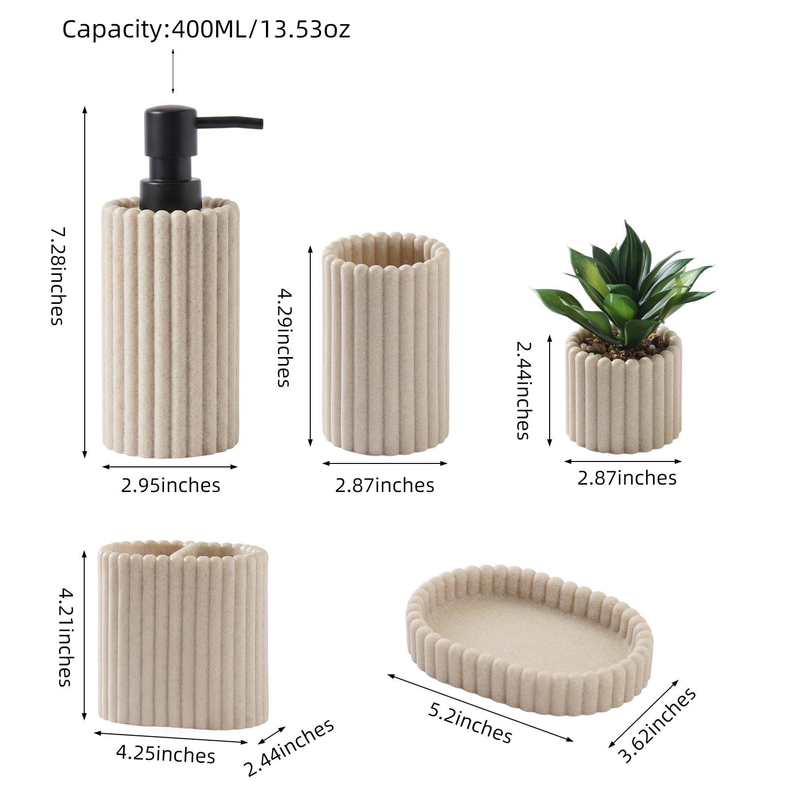 Badezimmer-Zubehör-Set, Sandstein-Optik, beige, dicke Streifen, 5-teilig | Modern, minimalistisch, inklusive Seifenspender, Zahnbürstenhalter, Becher, Seifenhalter, künstliche Topfpflanze, 383 ml