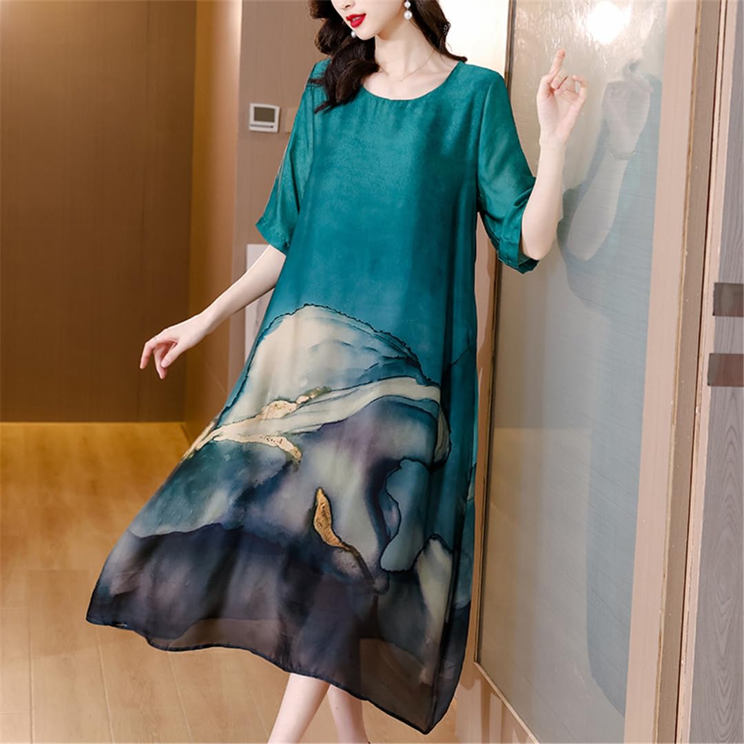 Mkjuuior Damska jedwabna sukienka z nadrukiem plus size, luźna, elegancka sukienka z wysokim stanem, okrągły dekolt, EN8, L