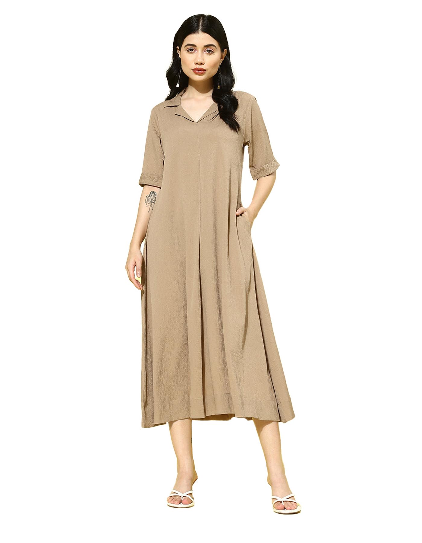 Varanga Women Beige Shirt Collar A-Line Dress  Comfortable Short Sleeves Calf Length Dress For Stylish Everyday Wear, Office & Casual Outings (Double Extra Large)