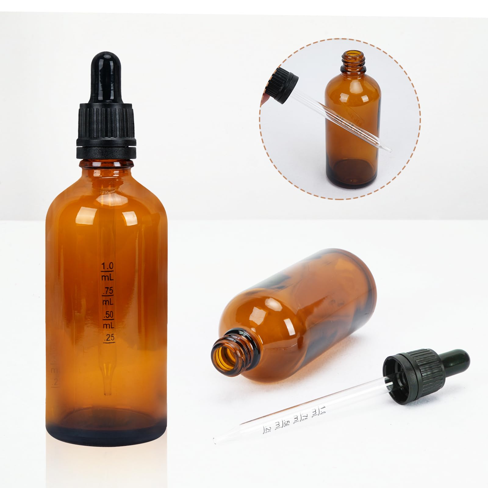 Lot de 8 flacons compte-gouttes en verre marron de 100 ml pour huile essentielle, parfum, liquide avec petites bouteilles en verre, entonnoir, seringue et étiquette