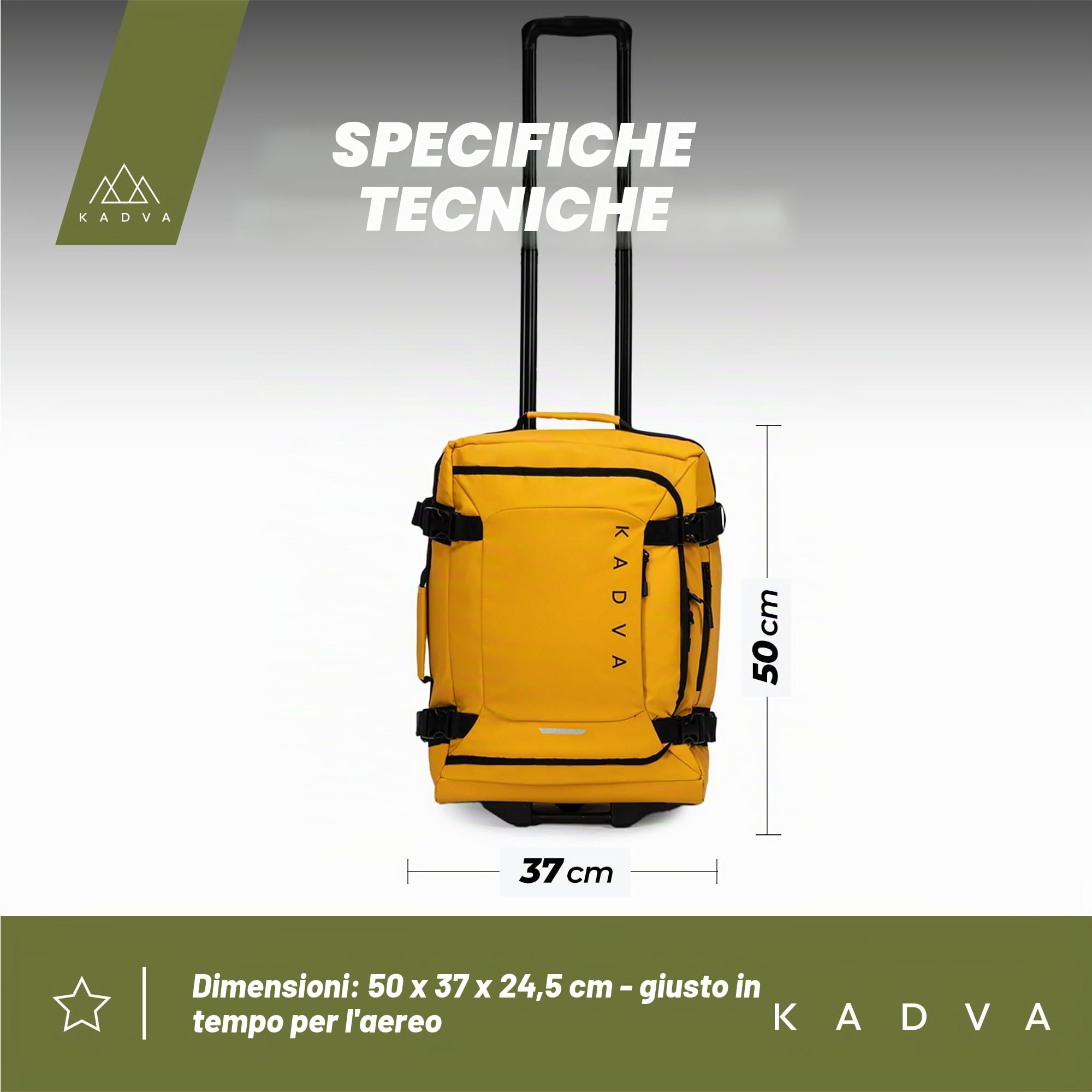 KADVA Valigia da Viaggio su Ruote LAZIO Valigia Bagaglio a mano da 44|74|102 Litri Soft Shell con 2 Ruote Telaio Telescopico Peso 2,7|3,3|3,7 Kg Colore Nero|Blu Marino| Giallo