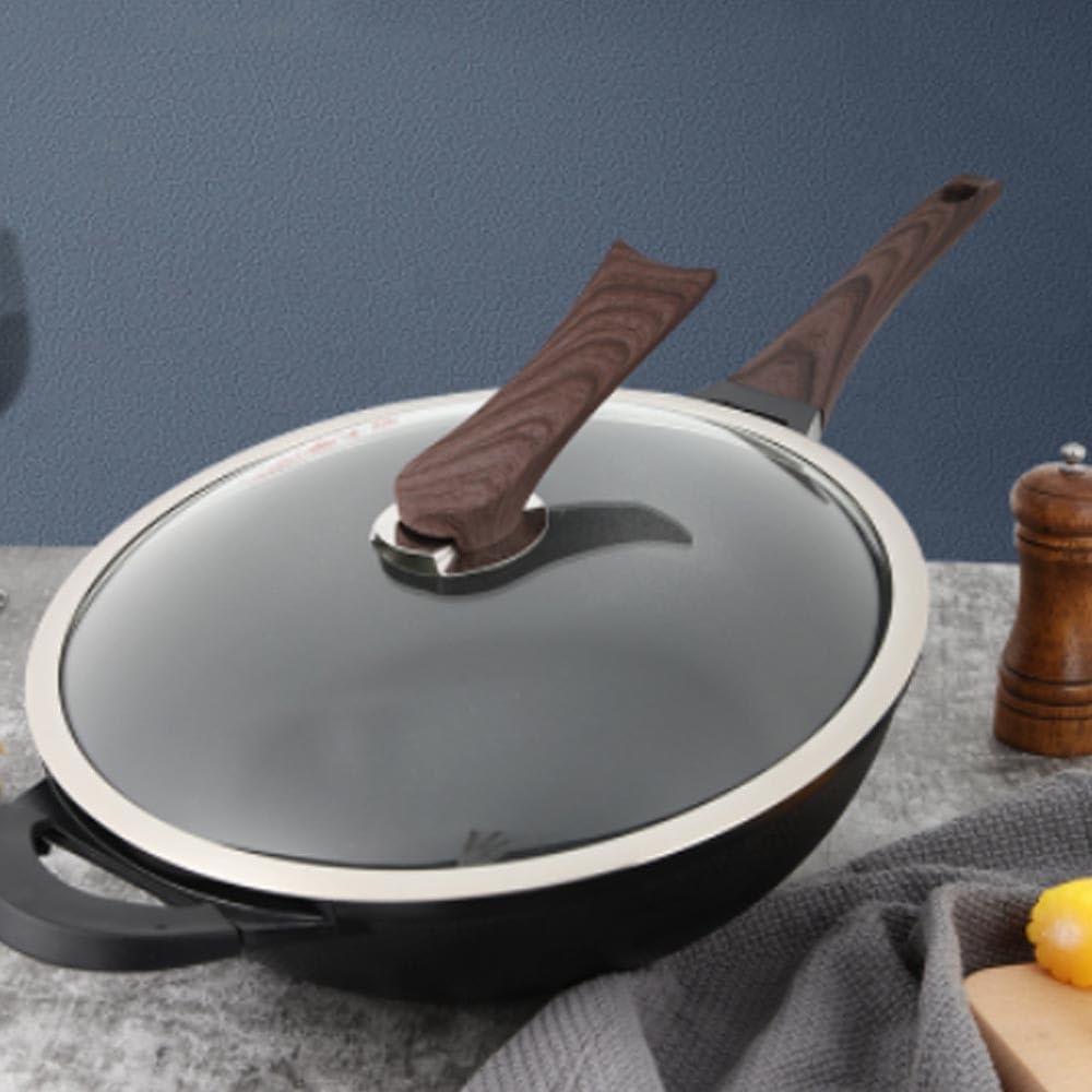 Woks und Pfannen Antihaftbeschichtete Wok-Pfannen, 12,6 Zoll flache Bratpfanne mit Granitbeschichtung, schnell aufheizende, tragbare, mehrlagige Woks mit ergonomischem Griff und,One Color-12.6in