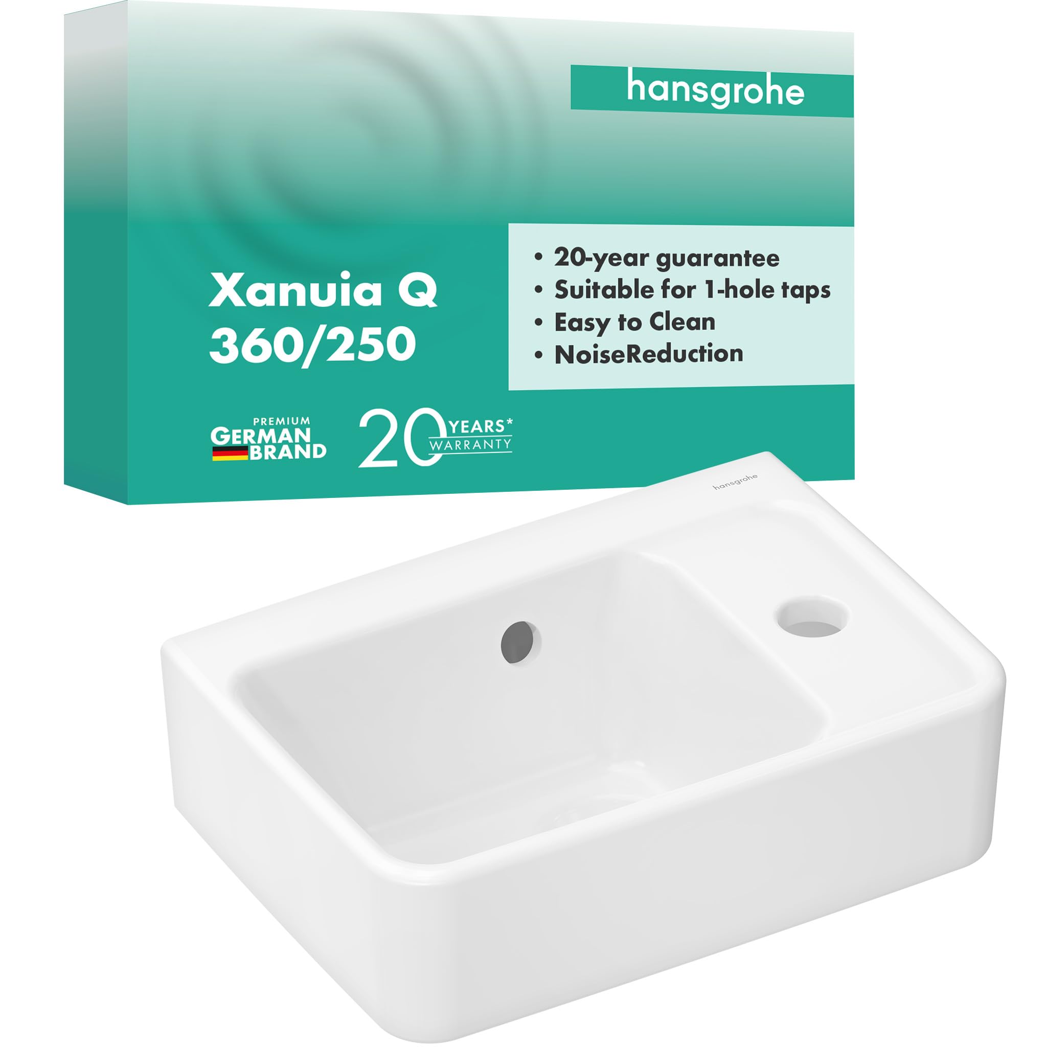 hansgrohe Xanuia Q - umywalka ręczna, mała umywalka 360 x 250 x 105 mm z otworem na kran i przelewem, umywalka WC dla gości, wisząca na ścianie, biała, 60129450