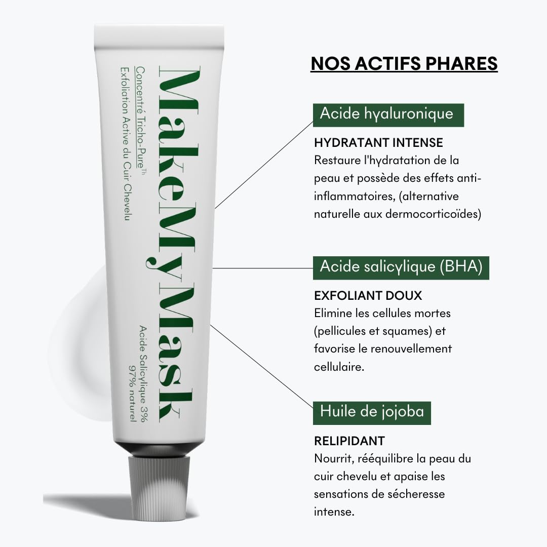 MakeMyMask Concentré Anti-PSO Pré-shampoing, Traitement capillaire exfoliant, hydratant et apaisant, 50mL, SANS CORTISONE - Psoriasis du cuir chevelu, 2 mois de durée