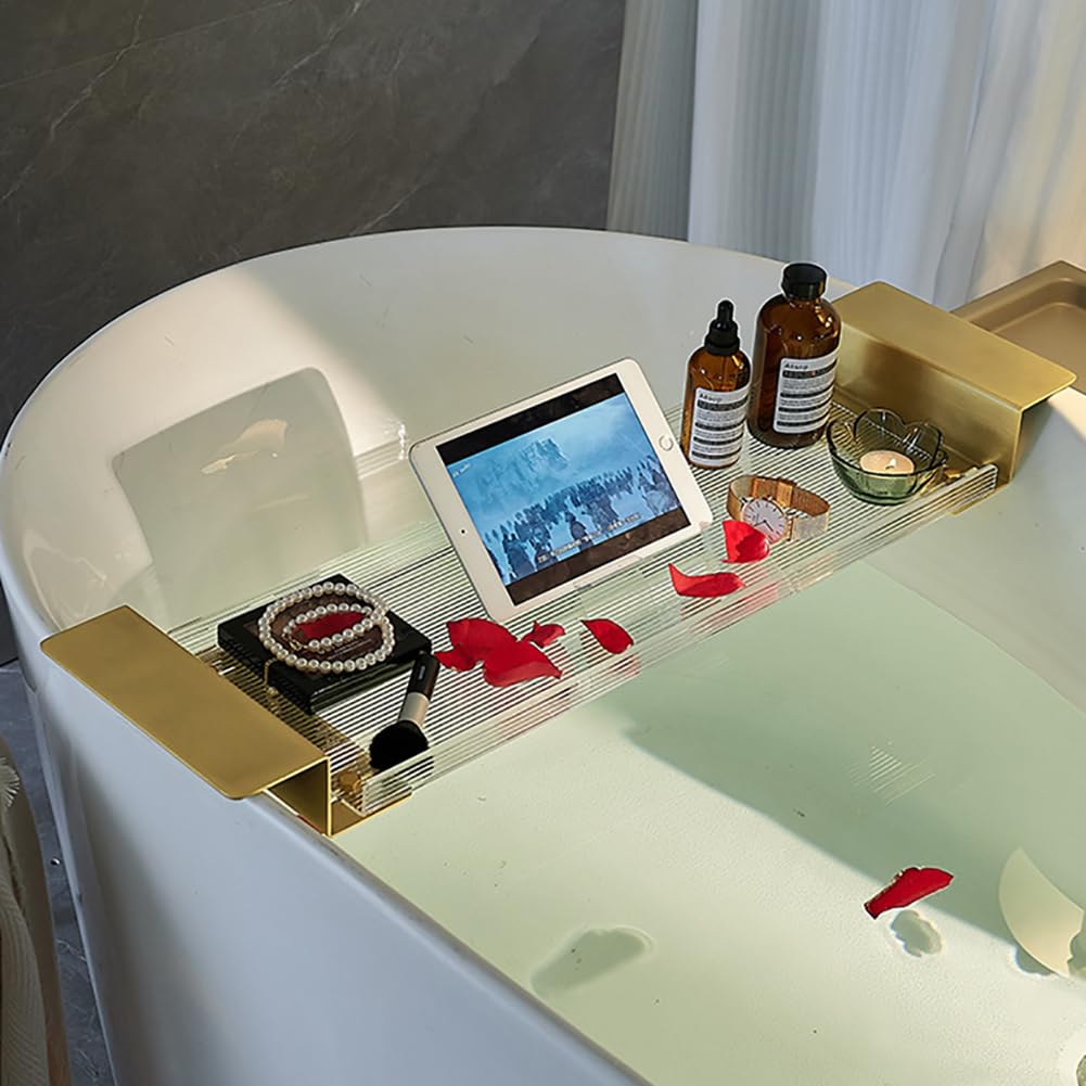 Bandeja de bañera acrílica ajustable, estante de puente para bañera con asas doradas expandibles, elegante organizador de ducha de plexiglás, bandeja de lujo para teléfono celular y soporte para copas