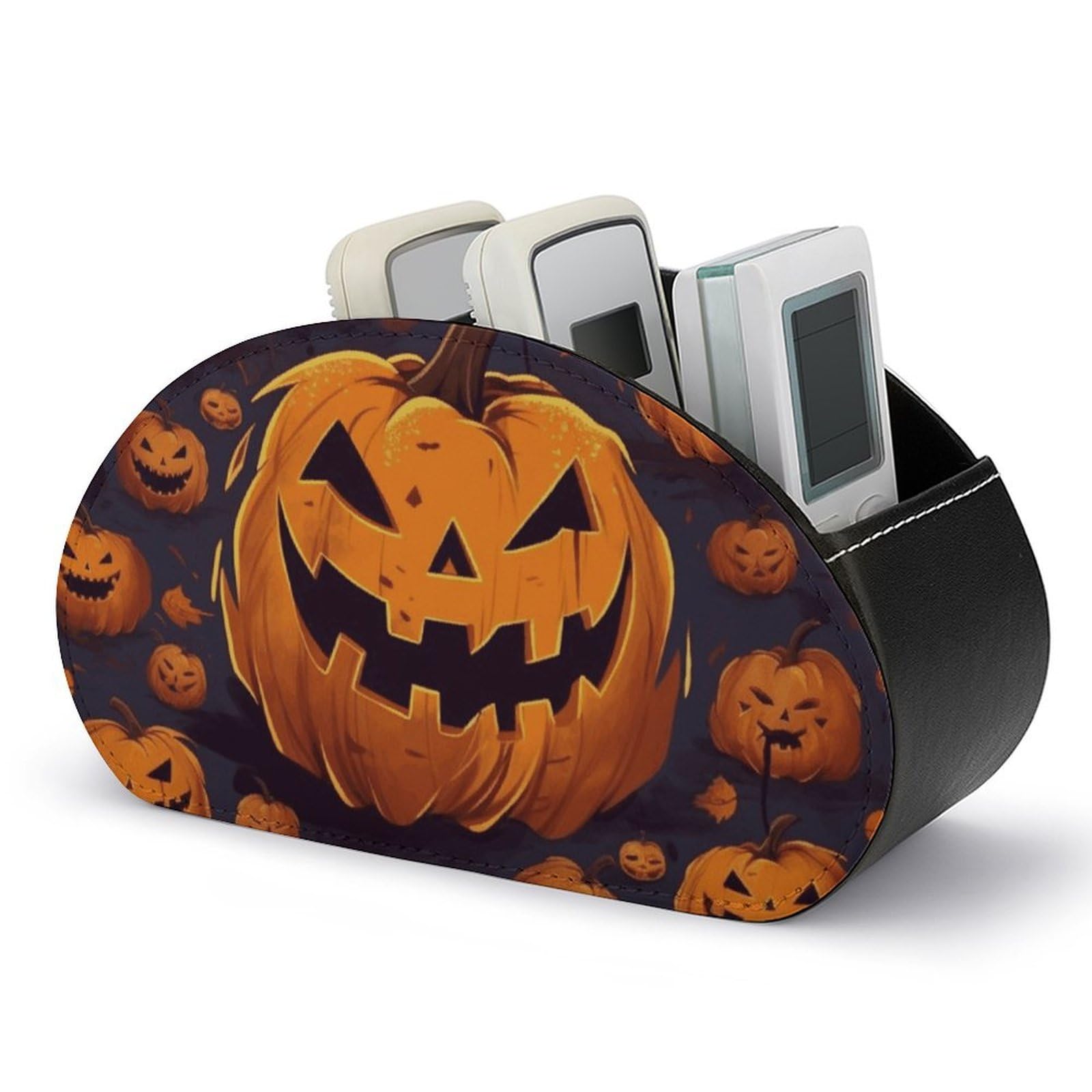 VstaDank Halloween Pumpkin Remote Control Holder with 5 Compartments PU Leather Remote Caddy Desktop Organizer Store TV Remote Control Storage Box for Home Office Desk Nightstand