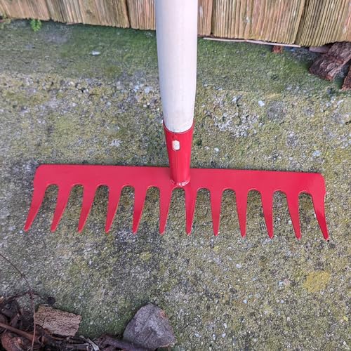 Garten Gerät Harke Rasen Boden Erde Rechen 12 Zinken Metall rot Gartenrechen 28 cm mit Holz Stiel