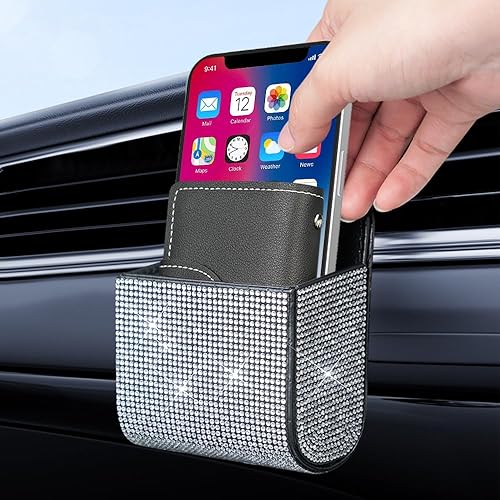 Miniatura 7 de Organizador de almacenamiento de ventilación de automóvil, bolsillo de cuero con diamantes de imitación, accesorios de automóvil brillantes para