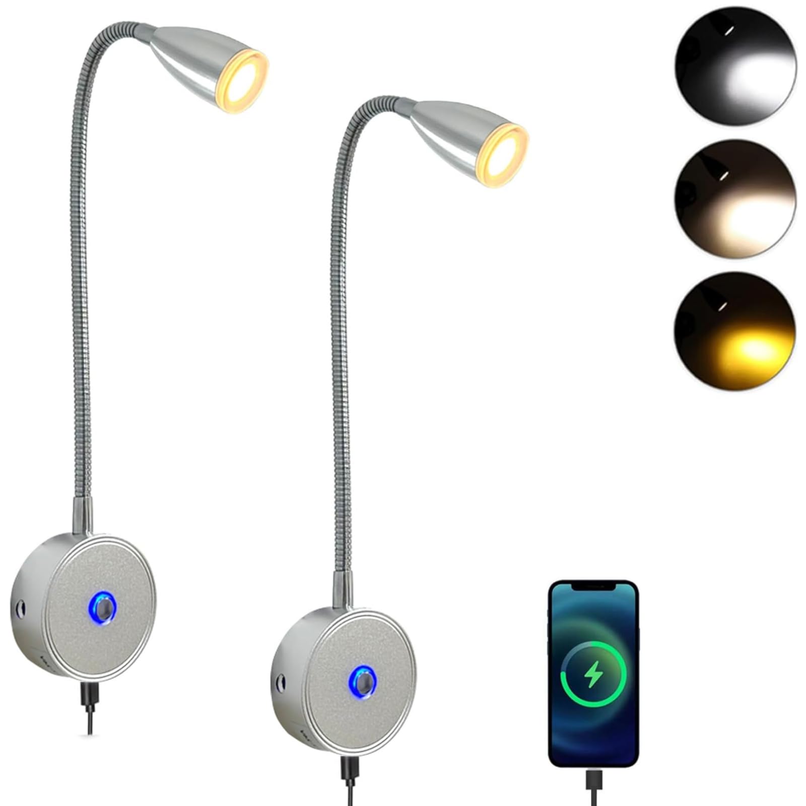 Lot de 2 ampoules LED 12 V pour camping-car, lampe de lecture 12 V, 3 températures de couleur, luminosité variable, col de cygne flexible, DC12-24 V pour voiture, camion, caravane