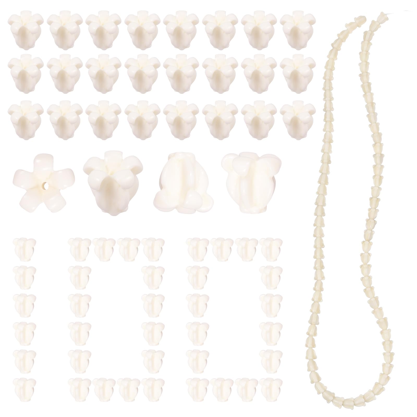 QINGLANG 100 Pcs Artificial Flower Beads for Jewellery Making 12mm Lily of the Valley loral Spacer Beads Resin Shell Bell Orchid Bud Charms for DIY Bracelets, Necklaces, Earrings and Crafts(White)