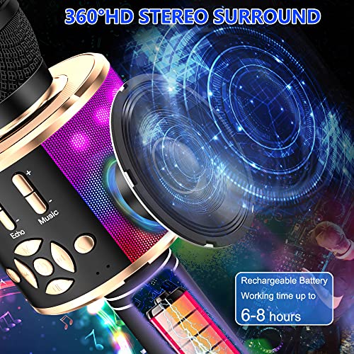 Image of Amazmic Kids Karaoke Microphone Machine Toy Bluetooth Microphone Portable Wireless Karaoke Machine Handheld with LED Lights, Gift for Children Adults Birthday Party, Home KTV(Black Gold)