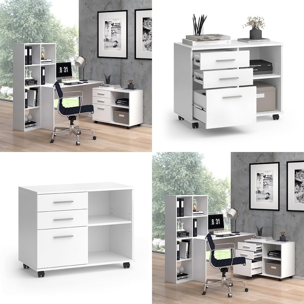 Vicco Piedistalli mobili Delf, Bianco, 40 x 80 cm con 3 cassetti, utilizzabile in modo flessibile con ruote per un facile cambio di posizione