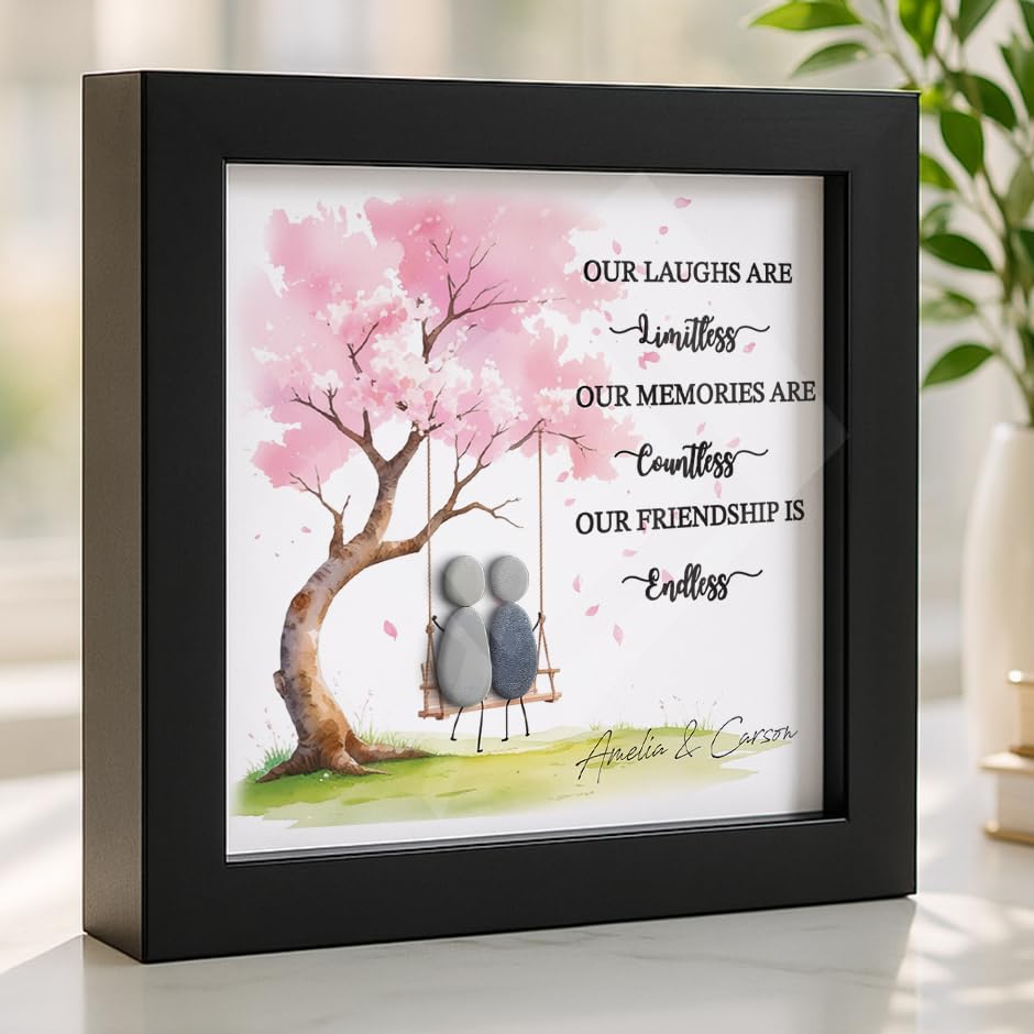 Personalised Best Friend Pebble Picture Frame, 3D Pebble Art Friendship Decor, Inspirational Quote Frame for Sisters, Gift for Women, Coworkers, Besties, Cute Room Home Wall Decor Keepsake