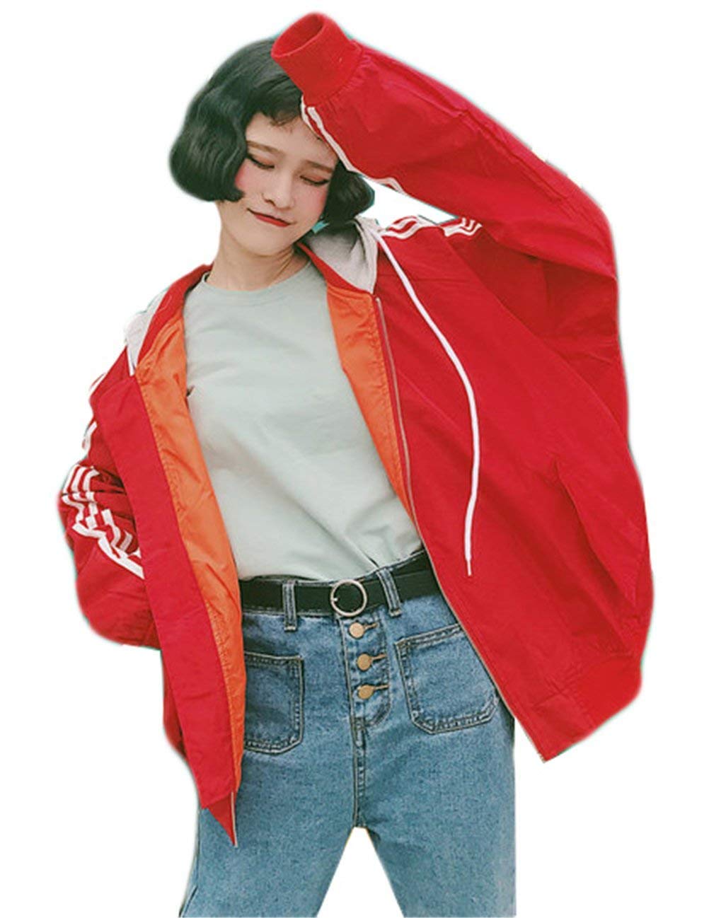 Kurtka damska oversize chłopak płaszcz z kapturem wiosna jesień płaszcz moda na co dzień retro długi rękaw splot pasek z kapturem zamek błyskawiczny płaszcz odzież wierzchnia, Czerwony, M
