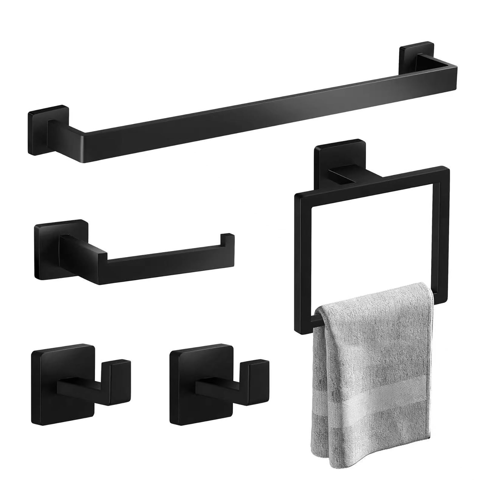 HinmoodMatte Black Bathroom Hardware Set, 5 Pieces Hardware Accessories Set SUS304 Stainless Steel Bath Towel Bar Set, Wall Mounted Towel Rack for Bathroom (Black, 16 Inch)