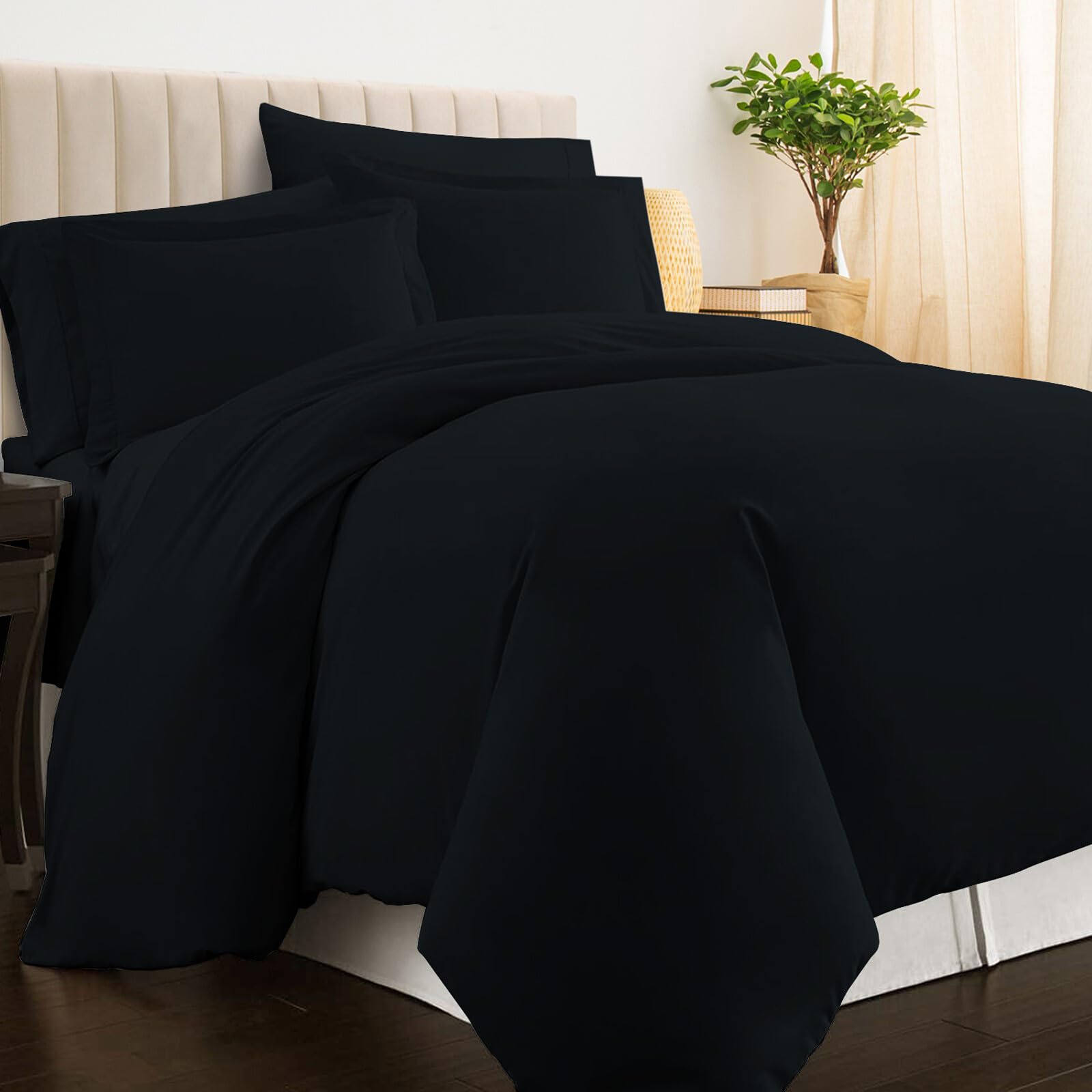 Pizuna Pure 100% Cotton Queen Duvet Cover Set, Luxurious 400 Thread Count Long Staple Cotton Sateen Weave with Button Closure (Combed Black Cotton