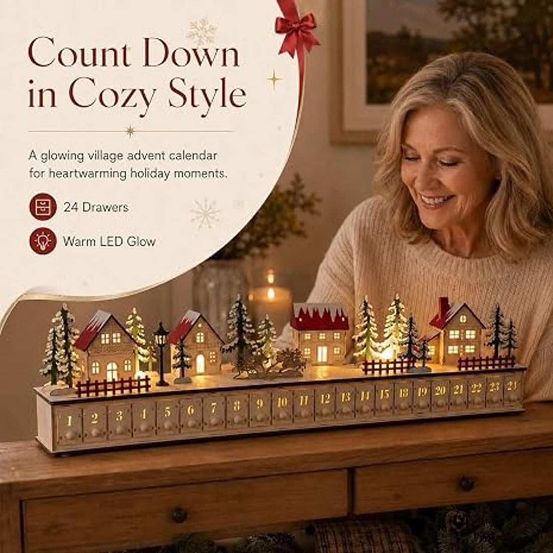 Calendario de Adviento de Madera con Iluminación LED, 24 Cajones (A) | Rueda de Adviento de Madera con Cuenta Regresiva de 24 Días para Decoración Navideña