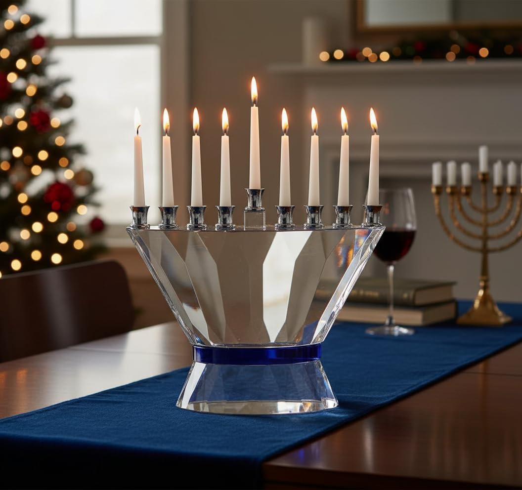 Blue Belt Crystal Hanukkah Menorah - Chanukah Menorah for Jewish Holiday - Perfect Judaica Gift for Bar Mitzvah, Bat Mitzvah, Jewish Wedding - Handcrafted Clear and Blue Crystal - 6.5"x2.0"x6.5"