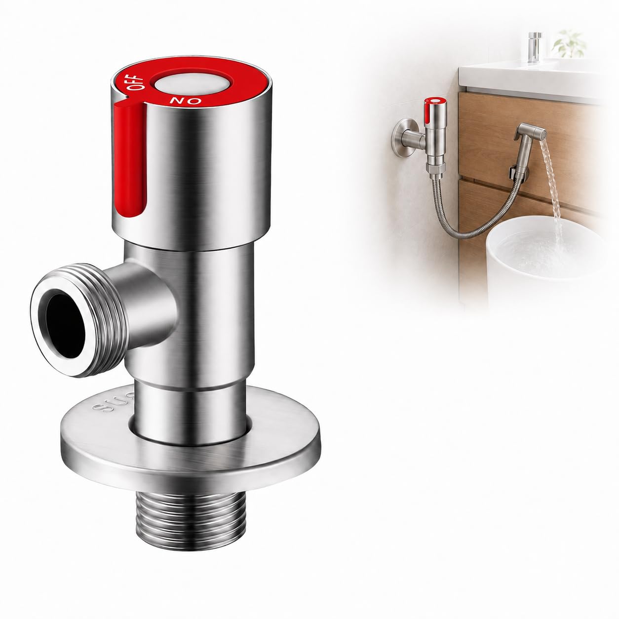 Stainless Steel Angle Valve, Water Connection Angle Valve, Washbasin, Wall Connection, Bathroom, Hot and Cold Water, Shut-off Valve, Control Valve, G1/2 (Red)
