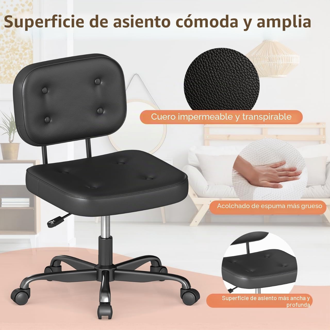 AnyGod Silla De Escritorio Sin Brazos para Oficina En Casa, Asiento Giratorio Compacto con Altura Ajustable y Ruedas, Silla Ergonómica De Respaldo Bajo En Cuero PU Negro