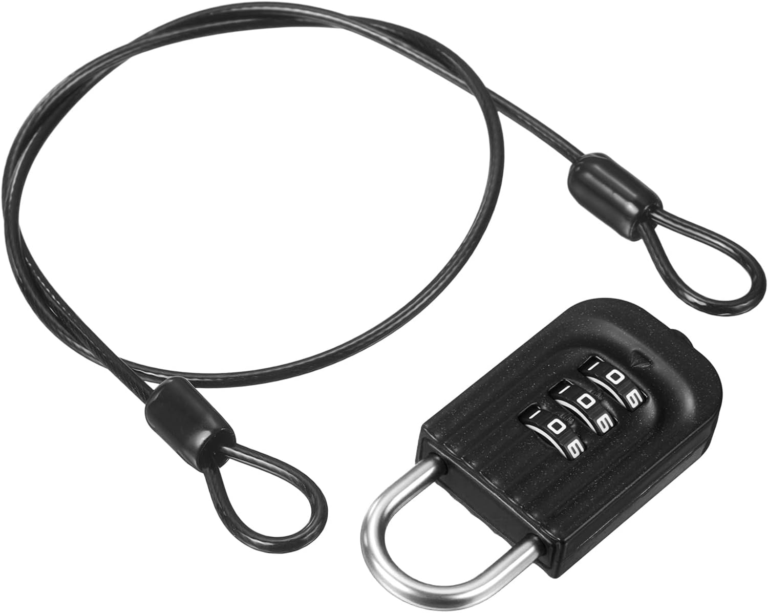 PATIKIL Security Cable with 3 Digit Combination Lock, (1.64ft x 3/32", Black), Braided Stainless Steel Safety Cable Wire Ropes with Double Loop, Suit for Suitcase/Bicycle/Cabinets
