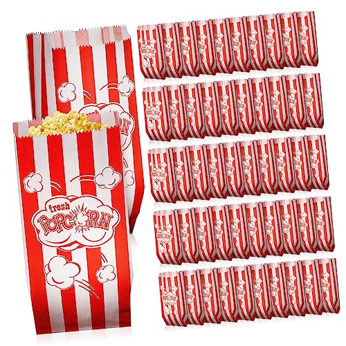 OATIPHO 100Pcs Popcorn Bags Stripe Printed Treat Bags for Parties Movies and Events for Popcorn Candy Snacks and More Individual Food Containers