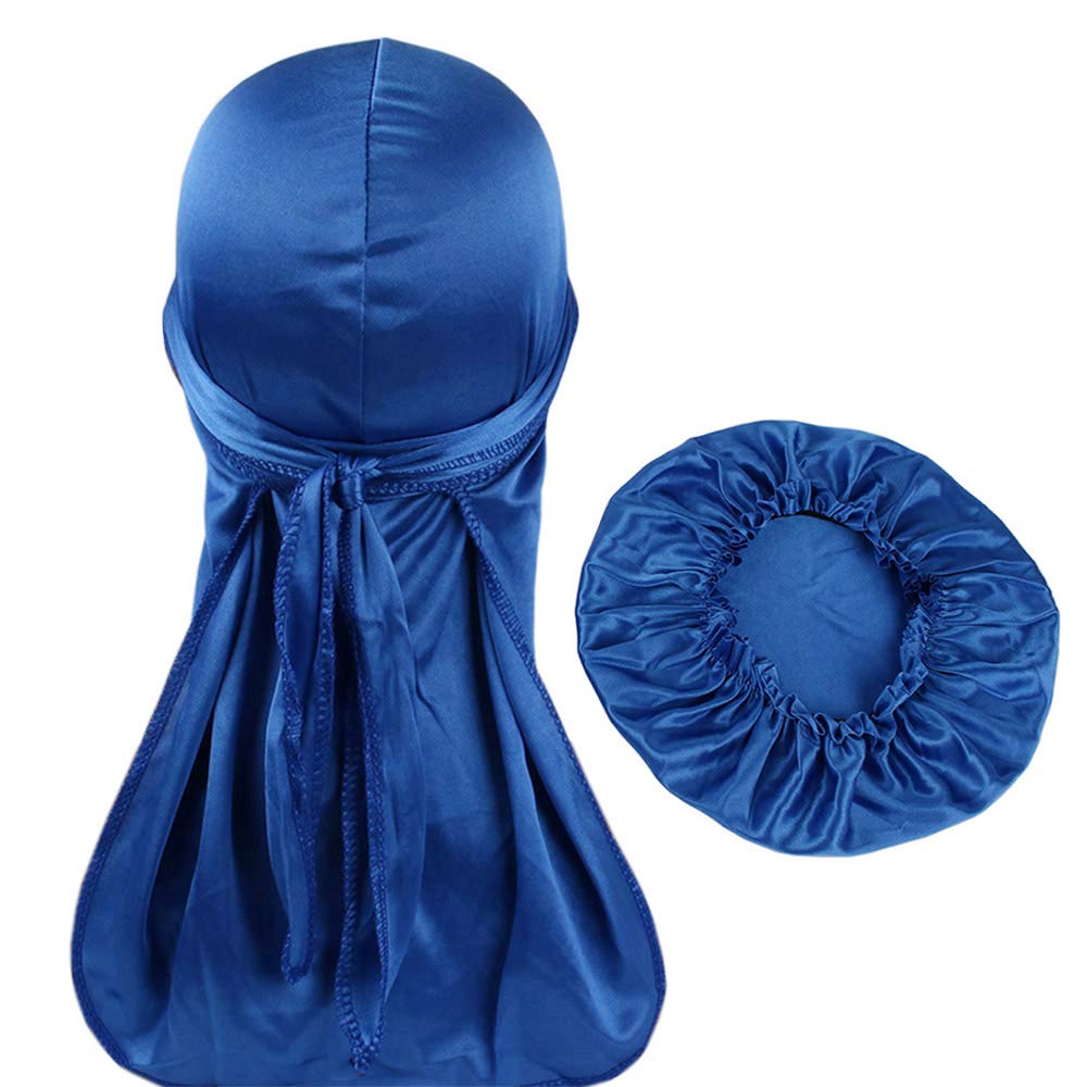 Atiluo Unisex Royal Blue Durags And Bonnets A Set Silky Durag And Women Bonnet Suit For Party And Sports, M