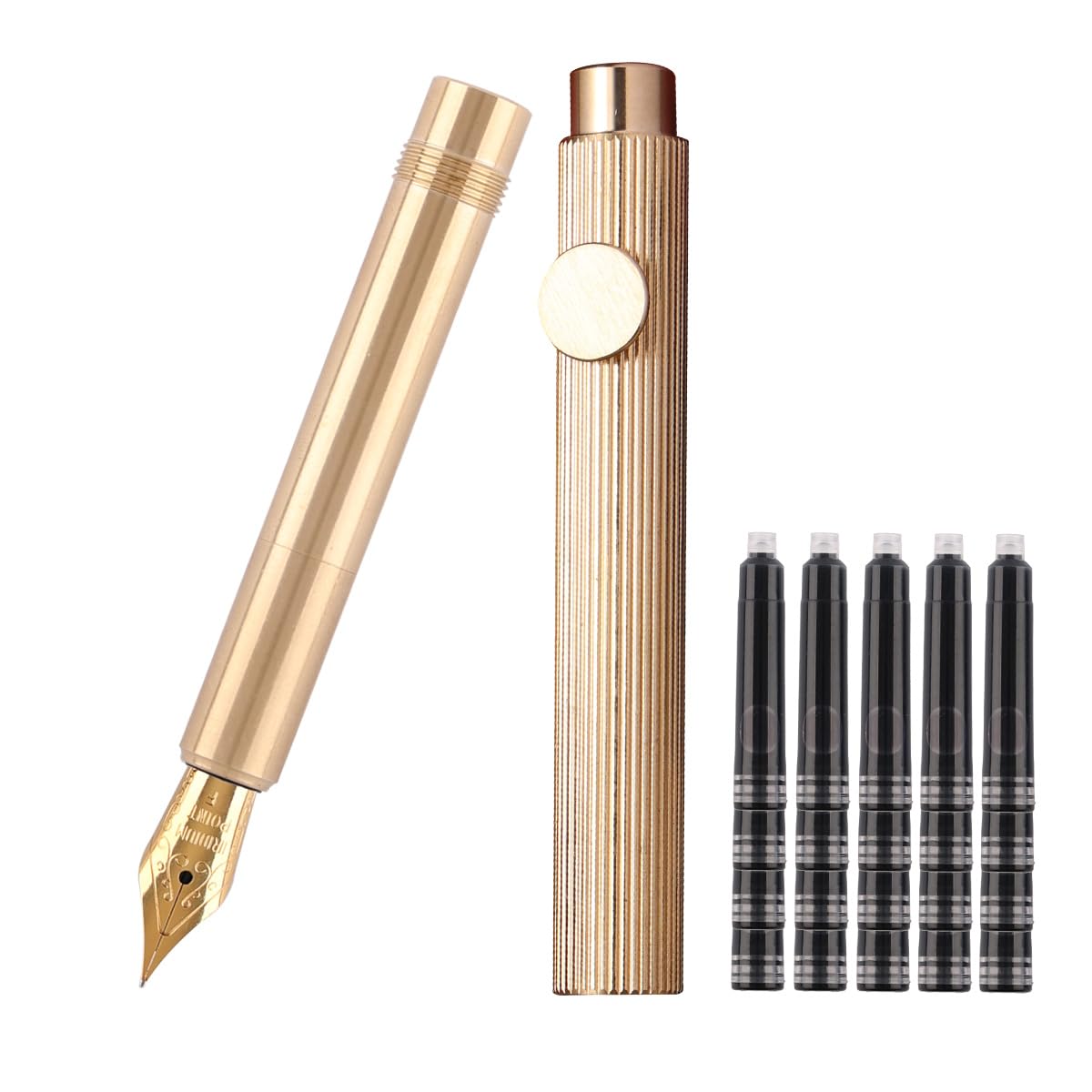 SIPLIV Brass Fountain Pen (85mm) Short Paragraph Pocket Mini Travel Pen Iridium Fine Nib Fountain Pen with 20 Pcs Black Ink Cartridges, Vertical Line