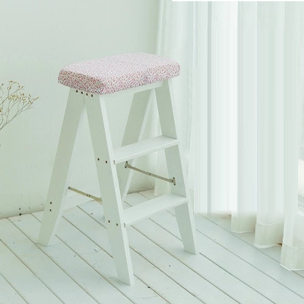 Taburete escalera plegable de madera maciza LUNEZY blanca con 3 peldaños para cocina y hogar