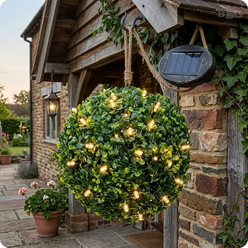 Image of BrightBloom Solar Topiary Ball Lights 28cm with 20 LED – Hanging Artificial Topiaries Sphere Lights Outdoor, Waterproof Decorative Garden Lights for Wedding, Balcony, Patio & Backyard Decor (Green)